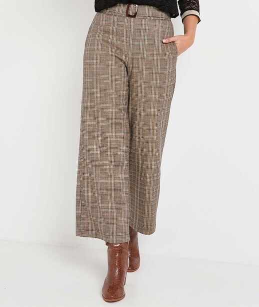 Pantalon large à carreaux femme CAMEL