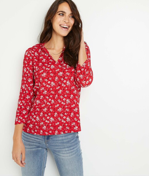 T-shirt en maille froissé imprimé femme ROUGE