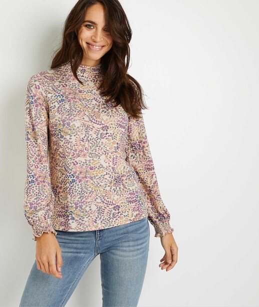 T-shirt smocké imprimé fleuri femme BEIGE