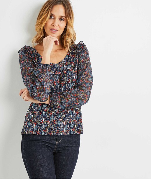 T-shirt imprimé à volants femme MARINE