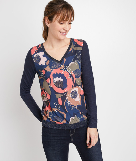 Tshirt imprimé fleuri femme MARINE