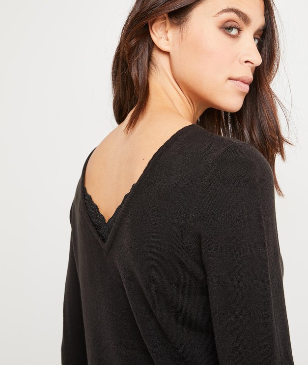 Pull basique uni avec dentelle femme NOIR - Grain de Malice